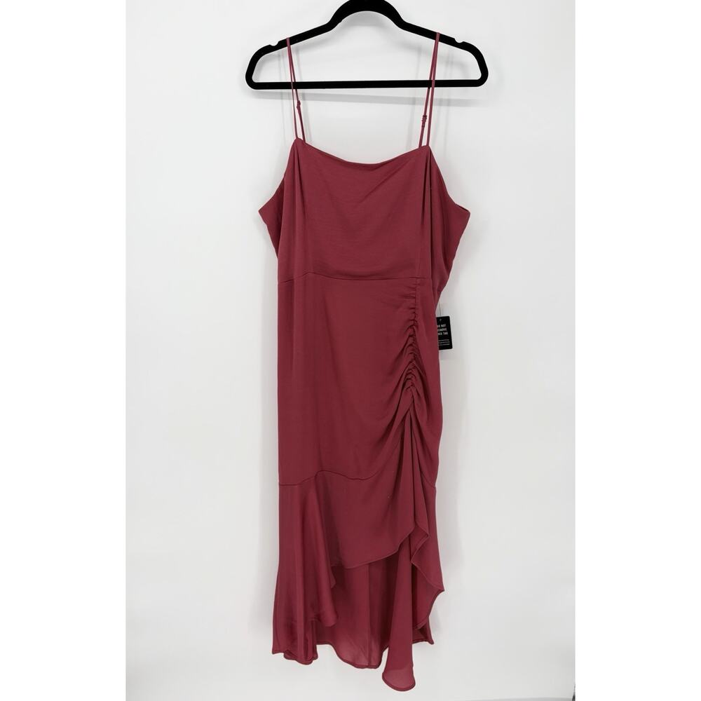 Express XL NWT Ruched Asym Dress Berry Pink Satin Cowl Neck Midi Slip - Picture 2 of 9